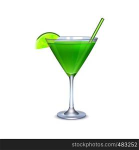 Martini glass with green cocktail on a white background. Martini glass with green cocktail