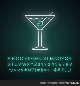 Martini neon light icon. Footed glass with drink and olive. Cocktail with gin and vermouth. Mixed drink. Glowing sign with alphabet, numbers and symbols. Vector isolated illustration
