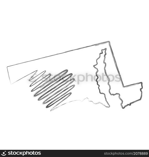 Maryland US state hand drawn pencil sketch outline map with heart shape. Continuous line drawing of patriotic home sign. A love for a small homeland. T-shirt print idea. Vector illustration.. Maryland US state hand drawn pencil sketch outline map with the handwritten heart shape. Vector illustration