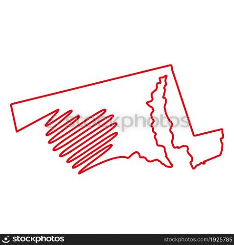 Maryland US state red outline map with the handwritten heart shape. Continuous line drawing of patriotic home sign. A love for a small homeland. T-shirt print idea. Vector illustration.. Maryland US state red outline map with the handwritten heart shape. Vector illustration