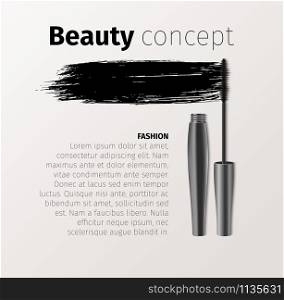 Mascara fashion banner, template for advertising or magazine page. Realistic vector cosmetic objects. Mascara fashion banner, template for advertising or magazine page. Realistic cosmetic objects
