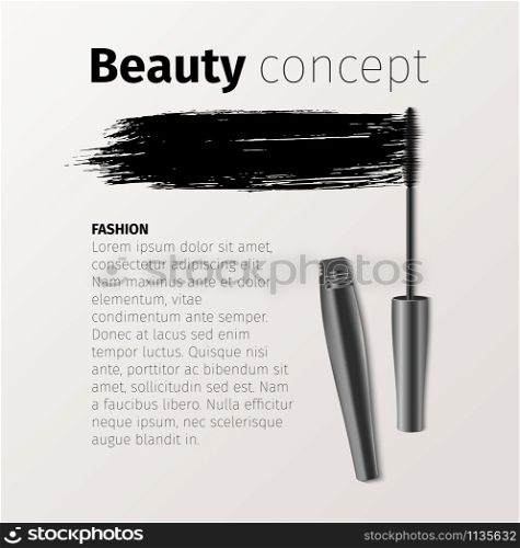 Mascara fashion banner, template for advertising or magazine page. Realistic vector cosmetic objects. Mascara fashion banner, template for advertising or magazine page. Realistic cosmetic objects