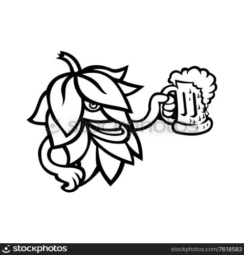 Mascot black and white illustration of a beer hops, flower or seed cones or strobiles of the hop plant drinking a mug of ale viewed from side on isolated background in retro style.. Hop Plant Drinking a Mug of Ale Mascot Black and White