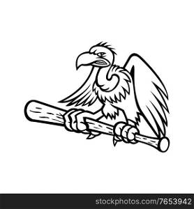 Mascot black and white illustration of a Californian or Andean condor, vulture or buzzard, a scavenging bird of prey, clutching perching on a baseball bat viewed from front isolated background in retro style.. Californian Condor Clutching Perching on a Baseball Bat Mascot Black and White
