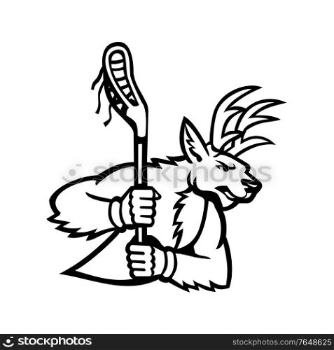 Mascot black and white illustration of a stag deer or buck wielding a lacrosse stick viewed from side on isolated background in retro style.. Red Deer Stag or Buck Wielding a Lacrosse Stick Side View Mascot Black and White