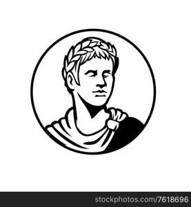 Mascot black and white illustration of bust of an ancient Roman emperor, senator or Caesar, ruler of Roman Empire during the imperial period wearing crown of laurel leaves looking side in retro style.. Ancient Roman Emperor Looking Side Circle Mascot Black and White