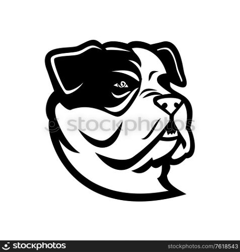 Mascot black and white illustration of head of a bully type American Bulldog, a breed of utility dog viewed from side on isolated background in retro style.. American Bully Bulldog Head Mascot Black and White