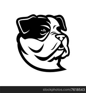 Mascot black and white illustration of head of a bully type American Bulldog, a breed of utility dog viewed from side on isolated background in retro style.. American Bully Bulldog Head Mascot Black and White