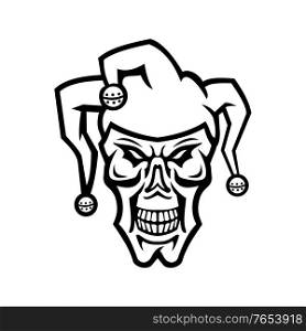 Mascot black and white illustration of head of a court jester, joker, fool,story-teller or minstrel skull viewed from front on isolated background in retro style.. Head of a Court Jester or Joker Skull Skull Front View Mascot Black and White