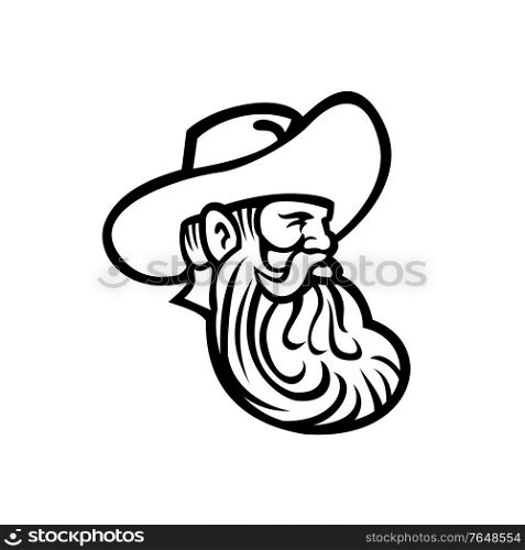 Mascot black and white illustration of head of a cowboy or organic grain farmer with full beard looking to side on isolated background in retro style.. Head of Cowboy or Organic Grain Farmer with Full Beard Looking to Side Retro Mascot Black and White