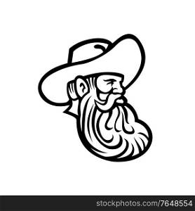 Mascot black and white illustration of head of a cowboy or organic grain farmer with full beard looking to side on isolated background in retro style.. Head of Cowboy or Organic Grain Farmer with Full Beard Looking to Side Retro Mascot Black and White