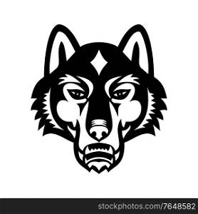 Mascot black and white illustration of head of a gray wolf also known as the timber wolf or western wolf, viewed from front on isolated background in retro style.. Head of Gray Wolf or Timber Wolf Front View Sports Mascot Black and White
