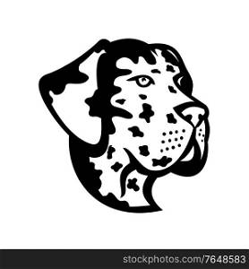 Mascot black and white illustration of head of a Great Dane, Deutsche Dogge, German Mastiff or Dogue Allemand, a large German breed of domestic dog viewed from side on isolated background in retro style.. Head of Great Dane Deutsche Dogge German Mastiff or Dogue Allemand Mascot Side View Mascot Retro Black and White