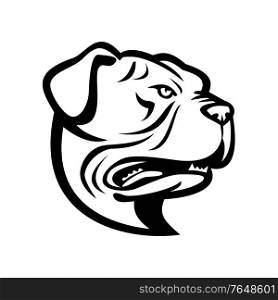 Mascot black and white illustration of head of a Leavitt Bulldog or Old English Bulldog viewed from side on isolated background in retro style.. Head of Leavitt Bulldog or Old English Bulldog Side View Mascot Retro Black and White