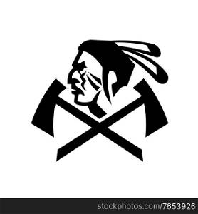 Mascot black and white illustration of head of a Native American Indian warrior with feathers and crossed tomahawk or hatchet viewed from side on isolated background in retro style.. Head of Native American Indian Warrior with Crossed Tomahawk Mascot Black and White