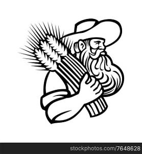 Mascot black and white illustration of head of a organic grain farmer or wheat farmer with beard holding a bunch of dried wheat looking to side on isolated background in retro style.. Organic Grain Farmer or Wheat Farmer with Beard Holding a Bunch of Dried Wheat Retro Mascot Black and White