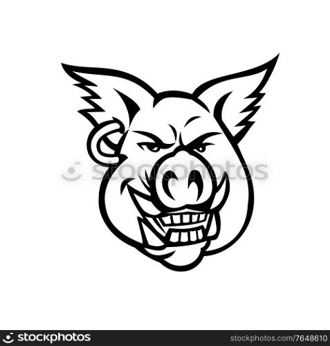 Mascot black and white illustration of head of a pink wild pig, boar or hog wearing an earring smiling grinning viewed from front on isolated background in retro style.. Head of Pink Pig Wearing Earring Smiling Front View Mascot Retro Black and White
