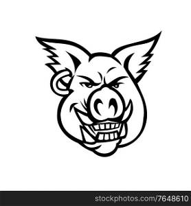Mascot black and white illustration of head of a pink wild pig, boar or hog wearing an earring smiling grinning viewed from front on isolated background in retro style.. Head of Pink Pig Wearing Earring Smiling Front View Mascot Retro Black and White