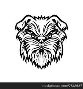 Mascot black and white illustration of head of an Affenpinscher, Monkey Terrier, Affen, Affie or Monkey Dog, a terrier-like toy breed of dog viewed from front on isolated background in retro style.. Affenpinscher Monkey Terrier Dog Head Mascot Black and White