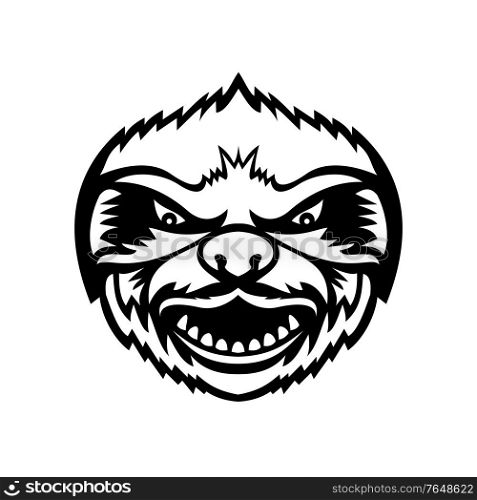 Mascot black and white illustration of head of an angry Sloth, an arboreal mammal in the tropical rainforests of South America and Central America viewed from front on isolated background in retro style.. Head of Angry Sloth Front View Mascot Retro Black and White
