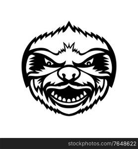 Mascot black and white illustration of head of an angry Sloth, an arboreal mammal in the tropical rainforests of South America and Central America viewed from front on isolated background in retro style.. Head of Angry Sloth Front View Mascot Retro Black and White