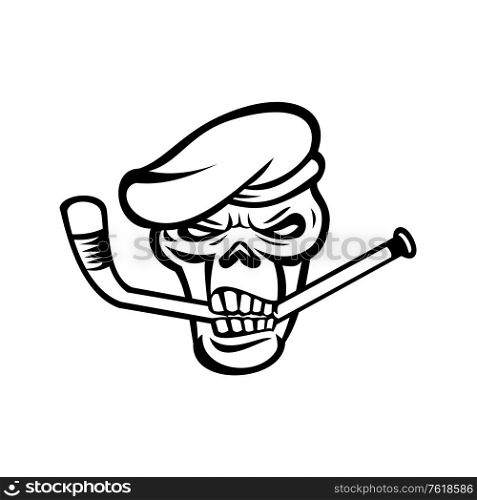 Mascot black and white illustration of skull head of a green beret commando or elite light infantry or special forces soldier biting an ice hockey stick viewed from front on isolated background in retro style.. Green Beret Commando Skull Biting an Ice Hockey Stick Mascot Black and White