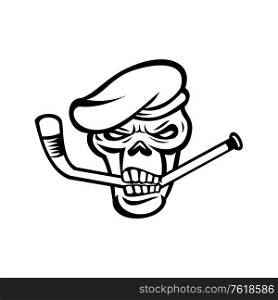 Mascot black and white illustration of skull head of a green beret commando or elite light infantry or special forces soldier biting an ice hockey stick viewed from front on isolated background in retro style.. Green Beret Commando Skull Biting an Ice Hockey Stick Mascot Black and White