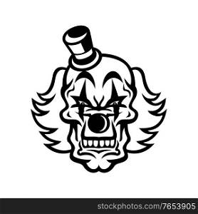 Mascot black and white illustration of skull of a scary and evil white-face clown with red hair wearing a small top hat viewed from front on isolated background in retro style.. Head of Scary and Evil Whiteface Clown Skull Front View Mascot Black and White