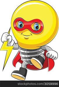 Mascot cartoon character cheerful bulb superhero in a red cloak