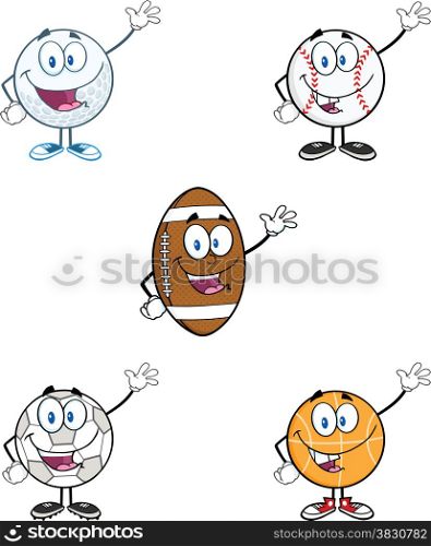 Mascot Cartoon Charactr Sport Ball Waving. Collection Set