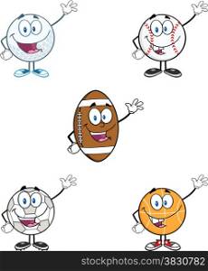 Mascot Cartoon Charactr Sport Ball Waving. Collection Set