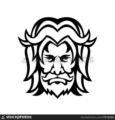 Mascot icon black and white illustration of head of Baldr, Balder or Baldur, a god in Norse mythology, and a son of the god Odin viewed from front on isolated background in retro style.. Baldr Balder or Baldur Norse God Front View Mascot Black and White