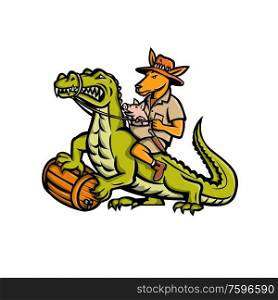 Mascot icon illustration of a Australian outback kangaroo with pig in pouch riding a crocodile or croc holding a beer barrel viewed from side on isolated background in retro style.. Kangaroo Riding Crocodile Mascot