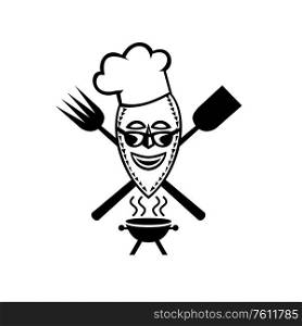 Mascot icon illustration of a barbecue chef wearing African mask with crossed fork and spatula with bbq grill viewed from front on isolated background in retro styled in black and white.. Barbecue Chef Wearing African Mask Mascot