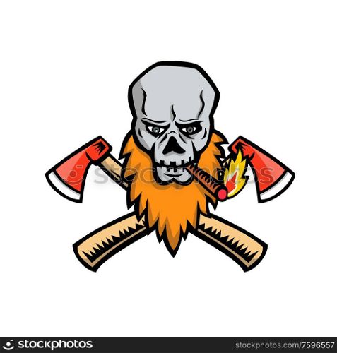 Mascot icon illustration of a bearded skull or skeleton head, a lumberjack, logger or woodcutter, smoking cigar with crossed axe, hatchet or ax viewed from front on isolated background in retro style.. Bearded Skull Crossed Axe Cigar Mascot