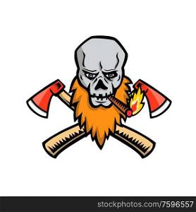 Mascot icon illustration of a bearded skull or skeleton head, a lumberjack, logger or woodcutter, smoking cigar with crossed axe, hatchet or ax viewed from front on isolated background in retro style.. Bearded Skull Crossed Axe Cigar Mascot