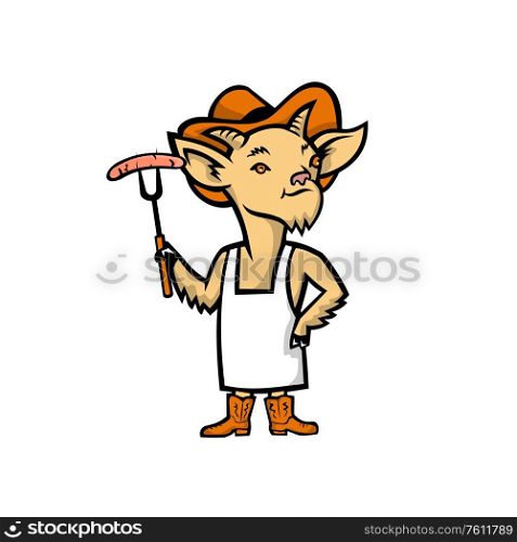Mascot icon illustration of a Billy goat who is a barbecue or bbq chef holding a sausage and wearing cowboy hat, boots and apron standing viewed from front on isolated background in retro style.. Cowboy Billy Goat Barbecue Chef Mascot