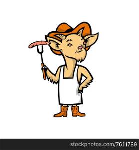 Mascot icon illustration of a Billy goat who is a barbecue or bbq chef holding a sausage and wearing cowboy hat, boots and apron standing viewed from front on isolated background in retro style.. Cowboy Billy Goat Barbecue Chef Mascot