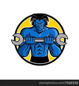 Mascot icon illustration of a blue muscular monster with big hair holding a wrench or spanner set inside circle viewed from front on isolated background in retro style.. Blue Muscular Monster Wrench Mascot