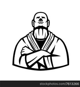 Mascot icon illustration of a Brazilian Jiu Jitsu or Gracie Jujutsu master with arms folded viewed from font on isolated background in Black and White retro style.. Brazilian Jiu Jitsu Master Black and White