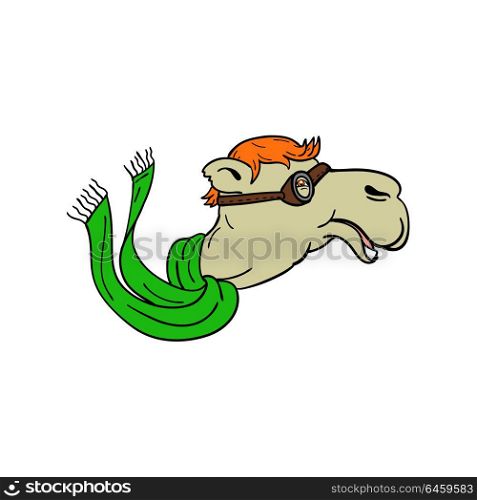 Mascot icon illustration of a camel wearing World War One aviator goggles and flowing green scarf viewed from side on isolated background in retro style.. Camel Wearing Goggles Mascot