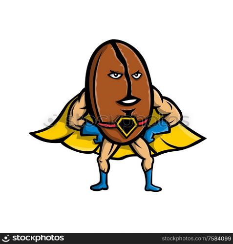 Mascot icon illustration of a Coffee bean superhero wearing a cape with hands and arms akimbo viewed from front on isolated background in retro style.. Coffee Bean Superhero Mascot