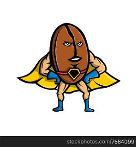 Mascot icon illustration of a Coffee bean superhero wearing a cape with hands and arms akimbo viewed from front on isolated background in retro style.. Coffee Bean Superhero Mascot