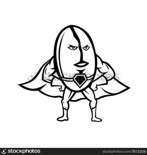 Mascot icon illustration of a Coffee bean superhero wearing a cape with hands and arms akimbo viewed from front on isolated background in Black and White retro style.. Coffee Bean Superhero Black and White