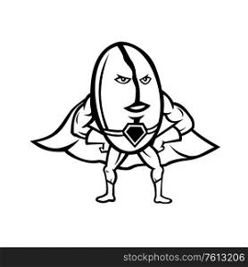 Mascot icon illustration of a Coffee bean superhero wearing a cape with hands and arms akimbo viewed from front on isolated background in Black and White retro style.. Coffee Bean Superhero Black and White