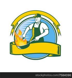 Mascot icon illustration of a cook or chef cooking with flaming pan or wok set inside circle with ribbon and banner viewed from front in retro style on isolated background in retro style.. Chef Cooking Flaming Pan Circle Retro Mascot