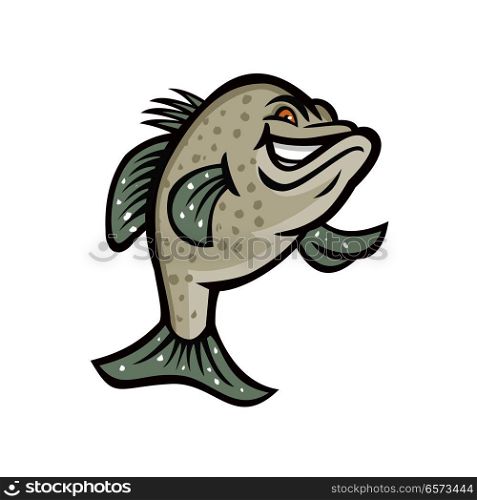 Mascot icon illustration of a crappie, croppie, papermouths, strawberry bass, speckled bass, specks, speckled perch, crappie bass or calico bass, standing up viewed from front done in retro style.. Crappie Fish Standing Mascot