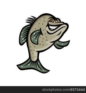 Mascot icon illustration of a crappie, croppie, papermouths, strawberry bass, speckled bass, specks, speckled perch, crappie bass or calico bass, standing up viewed from front done in retro style.. Crappie Fish Standing Mascot