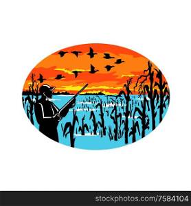 Mascot icon illustration of a duck hunter with rifle in flooded cornfield shooting at a formation of geese viewed from side set inside oval on isolated background in retro style.. Duck Hunter Flooded Cornfield Oval Retro