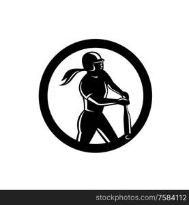 Mascot icon illustration of a female softball player batting with bat set inside circle viewed from side on isolated background in retro style done in black and white.. Female Softball Player Batting Mascot Retro